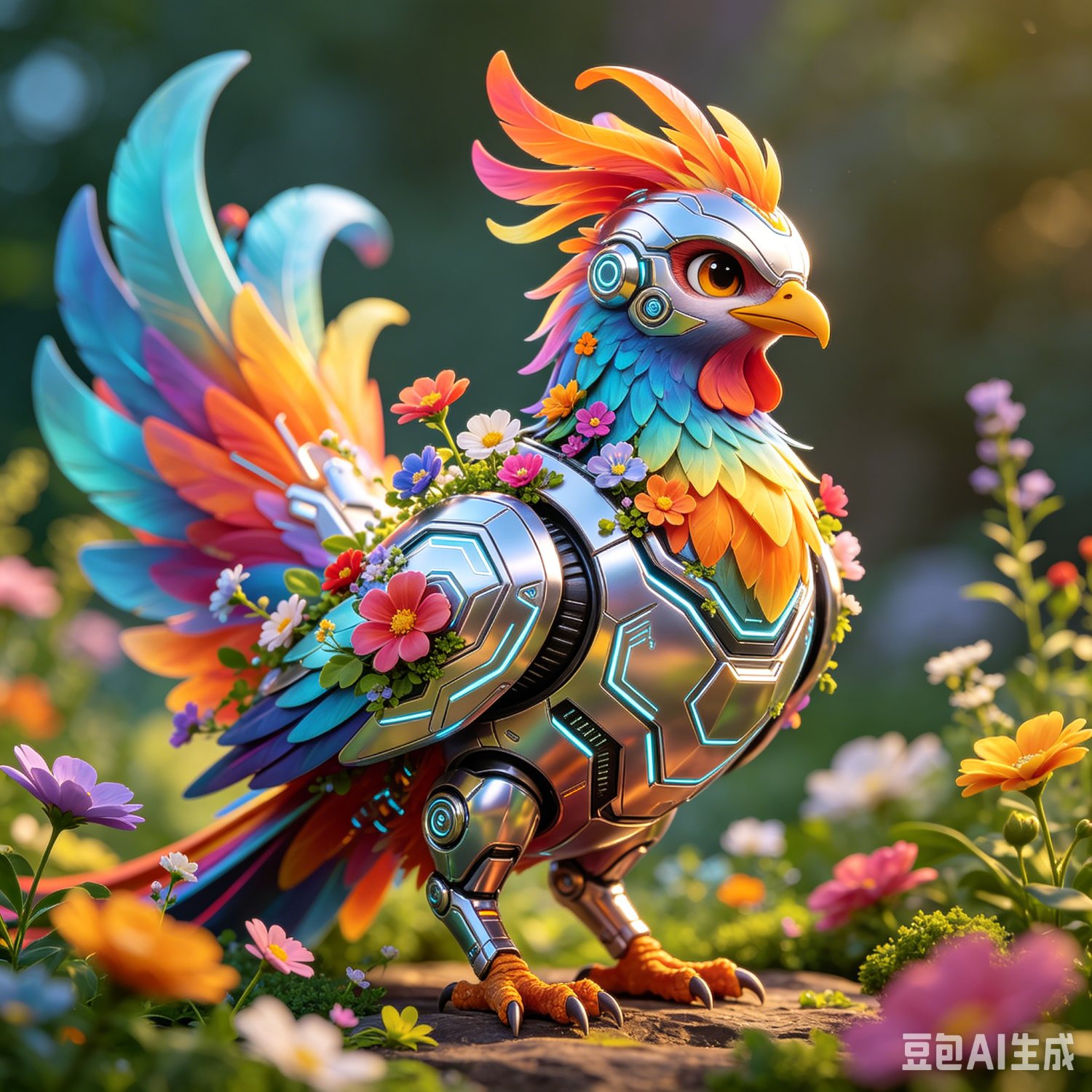 A student-made AI artwork: an armoured phoenix among flowers